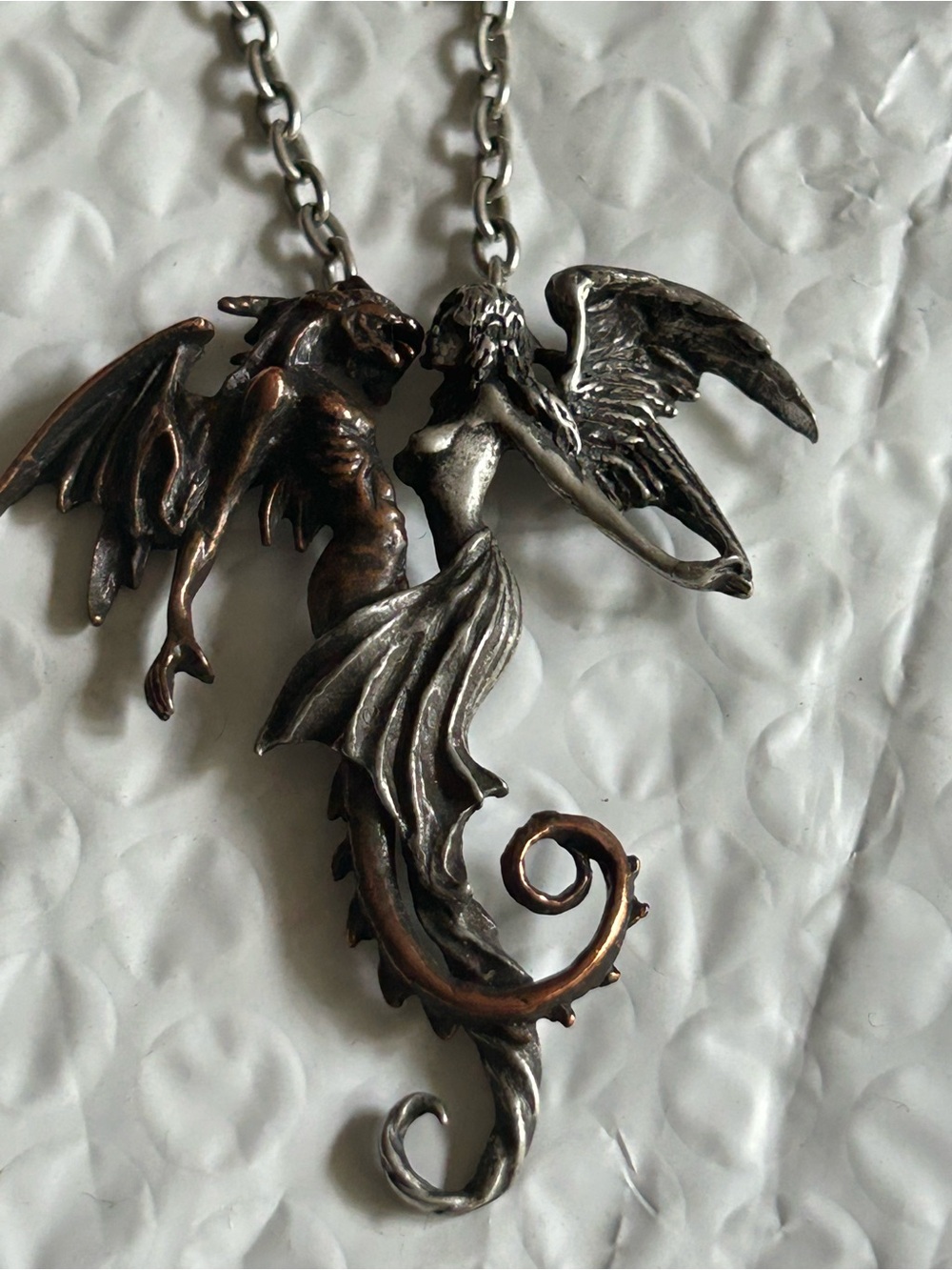 ANGEL & DRAGON DUAL PENDANT 2.5” and 10.5” Necklace Two-Tone Silver & Bronze - Picture 7 of 15